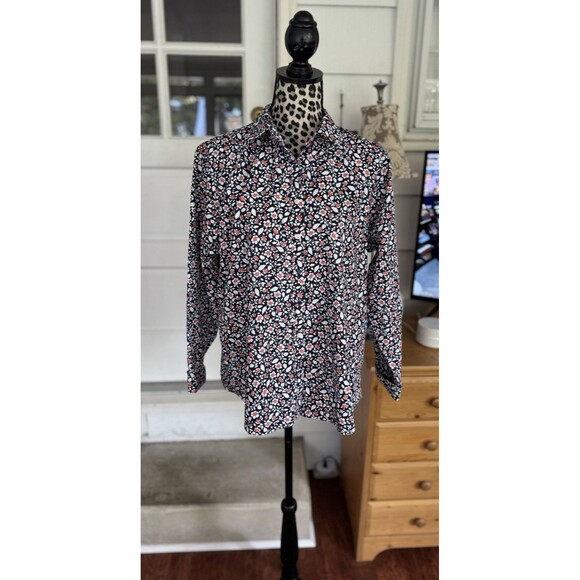 Lands' End Supima Blouse No Iron Women's Button Up Floral Shirt Navy Petite 16P - Picture 1 of 8